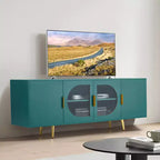 Meuble TV VEVOR pour téléviseurs jusqu'à 75 pouces, meuble de divertissement moderne avec portes vitrées et pieds dorés, meuble de rangement TV avec étagères réglables, vert