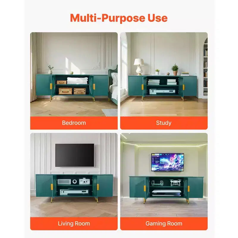 Meuble TV VEVOR pour téléviseurs jusqu'à 75 pouces, meuble de divertissement moderne avec portes vitrées et pieds dorés, meuble de rangement TV avec étagères réglables, vert