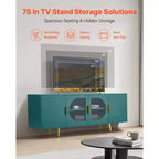 Meuble TV VEVOR pour téléviseurs jusqu'à 75 pouces, meuble de divertissement moderne avec portes vitrées et pieds dorés, meuble de rangement TV avec étagères réglables, vert