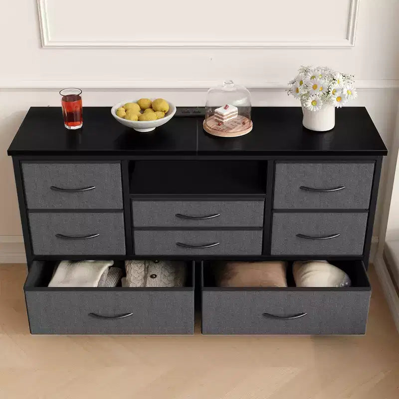 COZONY Commode TV 8 Tiroirs 119 cm de Large - Meuble de Rangement Spacieux avec Prises Électriques pour Chambre, Salon et Entrée