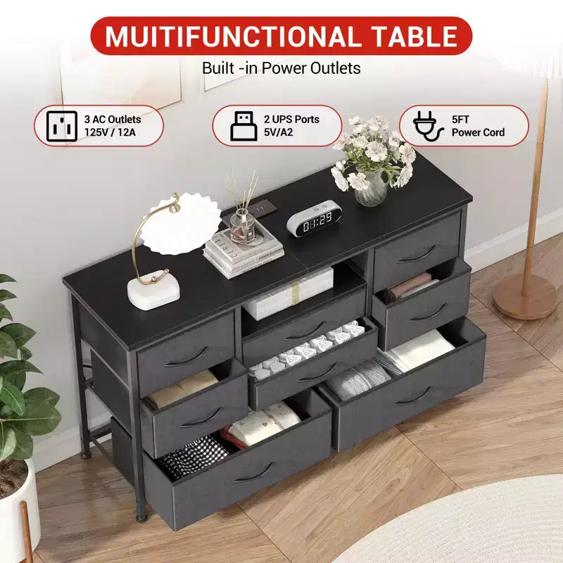 COZONY Commode TV 8 Tiroirs 119 cm de Large - Meuble de Rangement Spacieux avec Prises Électriques pour Chambre, Salon et Entrée