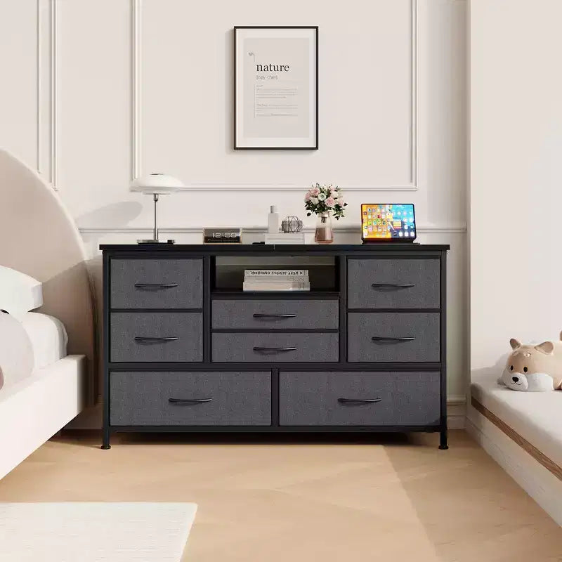 COZONY Commode TV 8 Tiroirs 119 cm de Large - Meuble de Rangement Spacieux avec Prises Électriques pour Chambre, Salon et Entrée