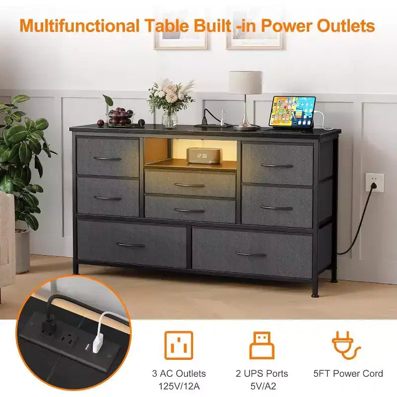 COZONY Commode TV 8 Tiroirs 119 cm de Large - Meuble de Rangement Spacieux avec Prises Électriques pour Chambre, Salon et Entrée