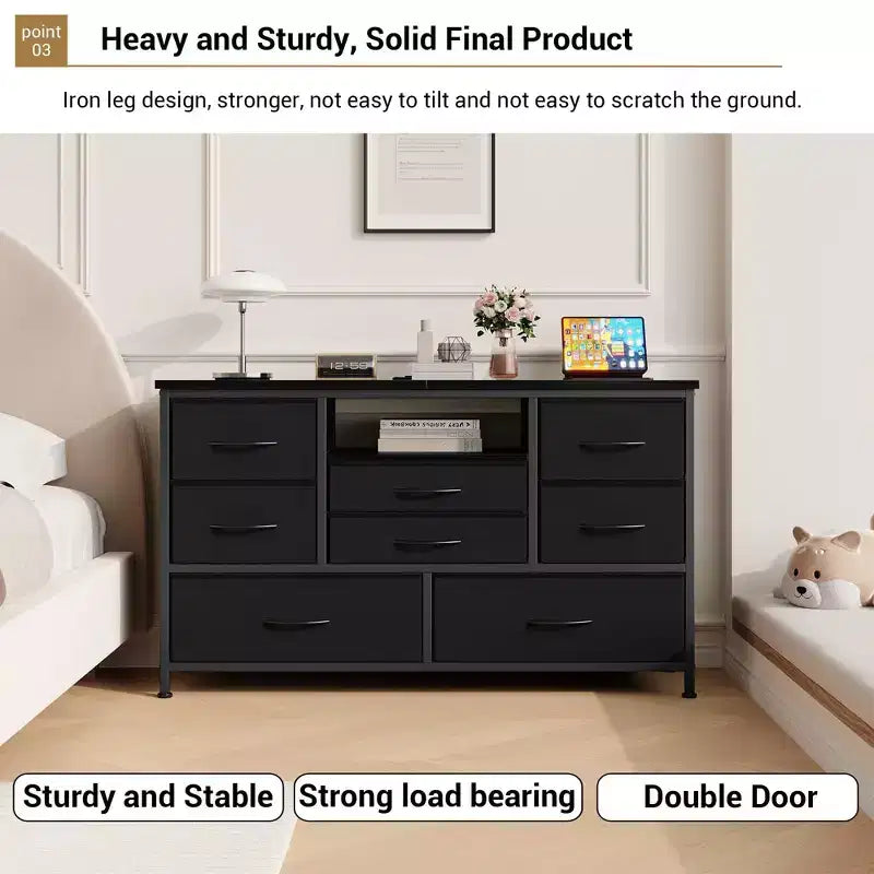 COZONY Commode TV 8 Tiroirs 119 cm de Large - Meuble de Rangement Spacieux avec Prises Électriques pour Chambre, Salon et Entrée