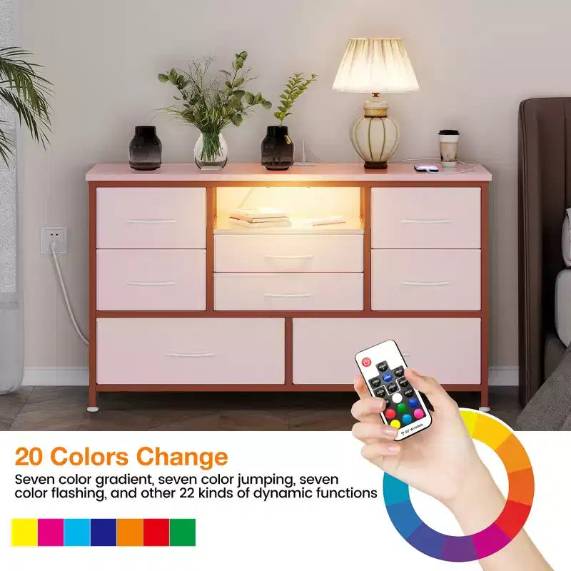 COZONY Commode TV 8 Tiroirs 119 cm de Large - Meuble de Rangement Spacieux avec Prises Électriques pour Chambre, Salon et Entrée