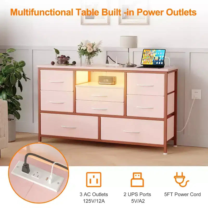 COZONY Commode TV 8 Tiroirs 119 cm de Large - Meuble de Rangement Spacieux avec Prises Électriques pour Chambre, Salon et Entrée