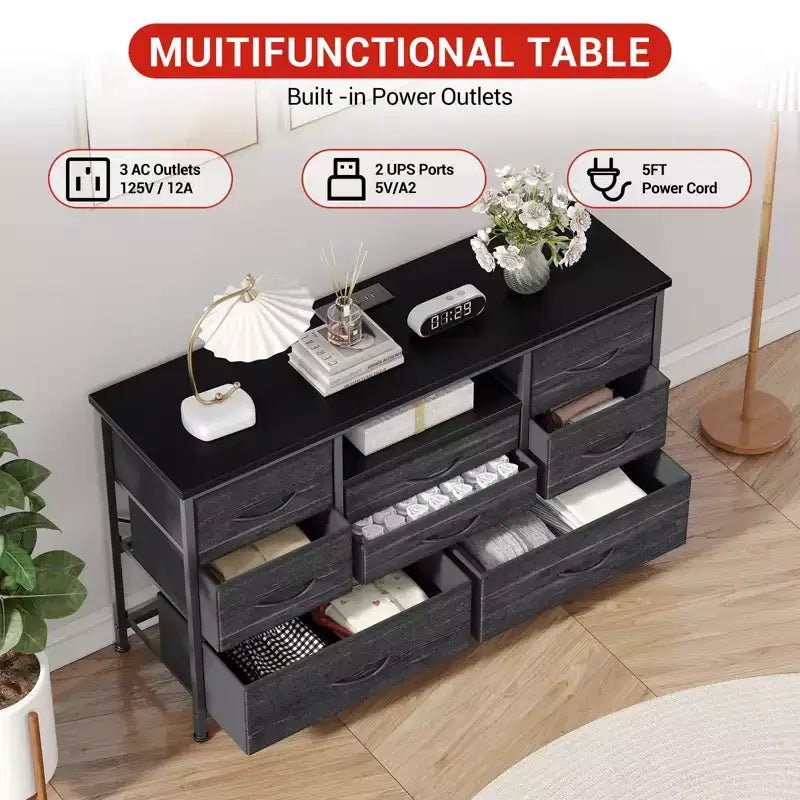 COZONY Commode TV 8 Tiroirs 119 cm de Large - Meuble de Rangement Spacieux avec Prises Électriques pour Chambre, Salon et Entrée
