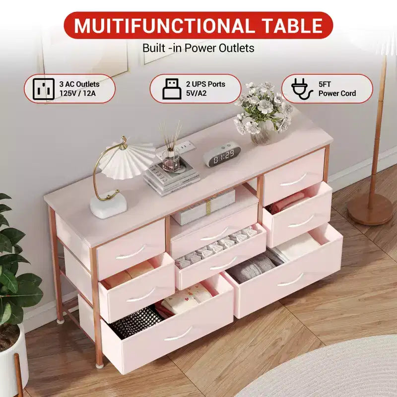 COZONY Commode TV 8 Tiroirs 119 cm de Large - Meuble de Rangement Spacieux avec Prises Électriques pour Chambre, Salon et Entrée