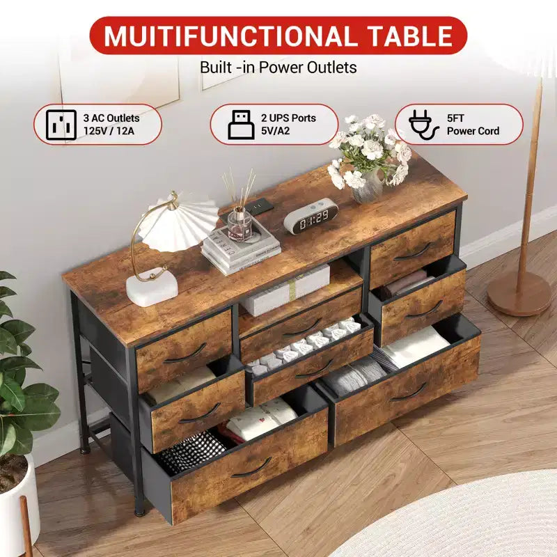 COZONY Commode TV 8 Tiroirs 119 cm de Large - Meuble de Rangement Spacieux avec Prises Électriques pour Chambre, Salon et Entrée