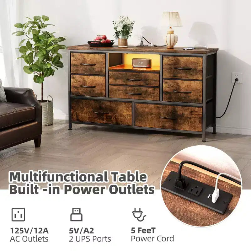 COZONY Commode TV 8 Tiroirs 119 cm de Large - Meuble de Rangement Spacieux avec Prises Électriques pour Chambre, Salon et Entrée