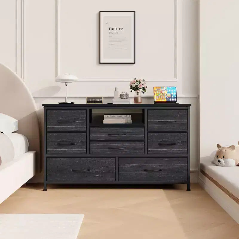 COZONY Commode TV 8 Tiroirs 119 cm de Large - Meuble de Rangement Spacieux avec Prises Électriques pour Chambre, Salon et Entrée