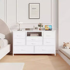 COZONY Commode TV 8 Tiroirs 119 cm de Large - Meuble de Rangement Spacieux avec Prises Électriques pour Chambre, Salon et Entrée