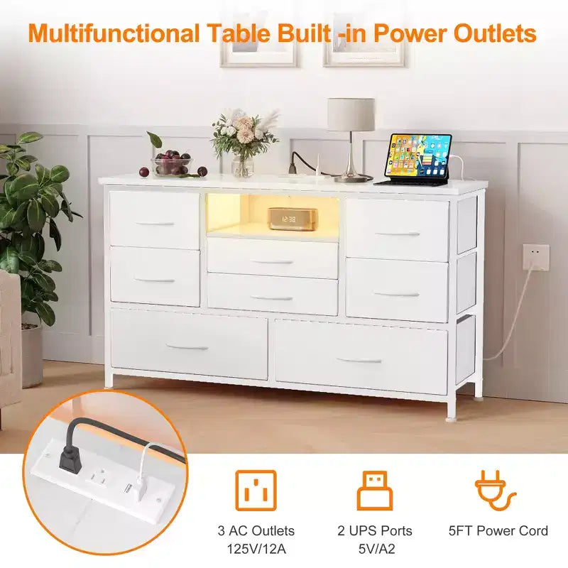 COZONY Commode TV 8 Tiroirs 119 cm de Large - Meuble de Rangement Spacieux avec Prises Électriques pour Chambre, Salon et Entrée