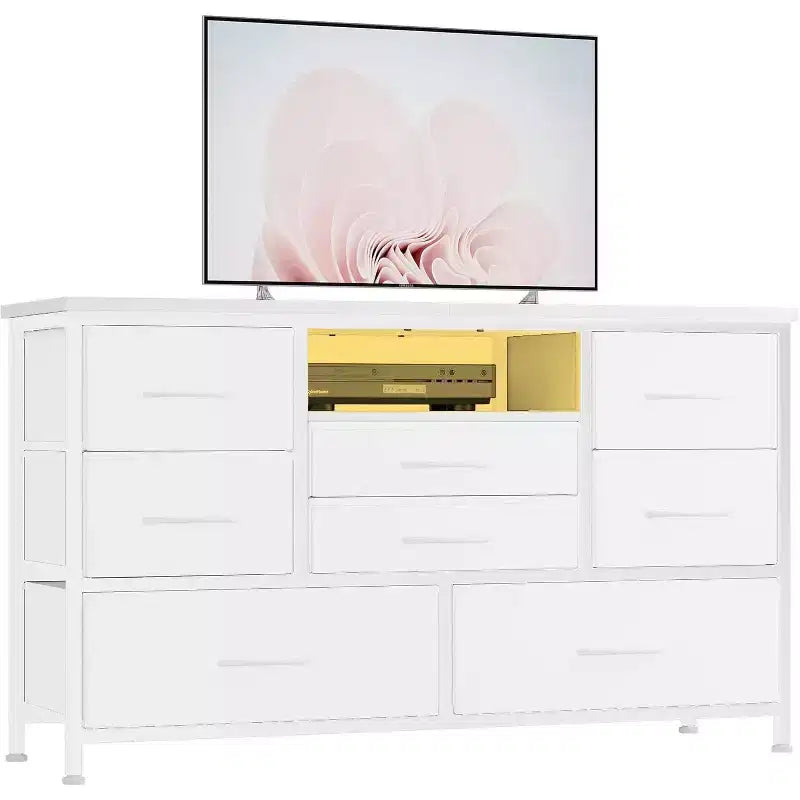 COZONY Commode TV 8 Tiroirs 119 cm de Large - Meuble de Rangement Spacieux avec Prises Électriques pour Chambre, Salon et Entrée