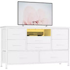 COZONY Commode TV 8 Tiroirs 119 cm de Large - Meuble de Rangement Spacieux avec Prises Électriques pour Chambre, Salon et Entrée