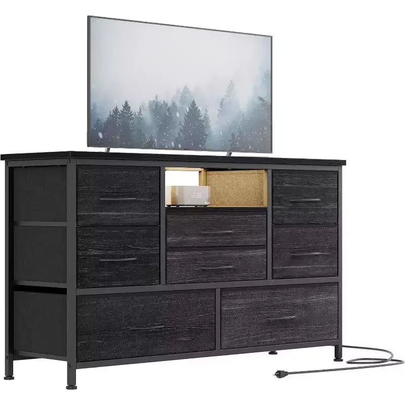 COZONY Commode TV 8 Tiroirs 119 cm de Large - Meuble de Rangement Spacieux avec Prises Électriques pour Chambre, Salon et Entrée