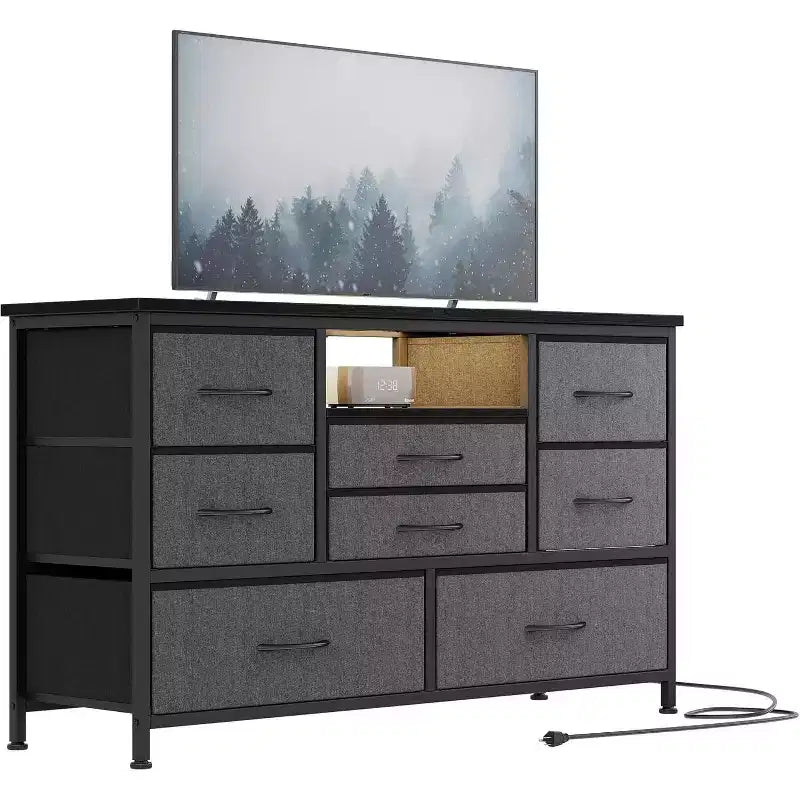 COZONY Commode TV 8 Tiroirs 119 cm de Large - Meuble de Rangement Spacieux avec Prises Électriques pour Chambre, Salon et Entrée