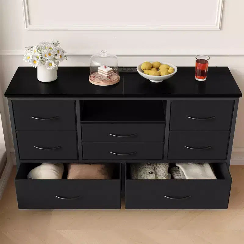 COZONY Commode TV 8 Tiroirs 119 cm de Large - Meuble de Rangement Spacieux avec Prises Électriques pour Chambre, Salon et Entrée