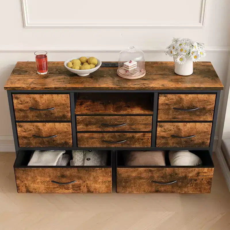 COZONY Commode TV 8 Tiroirs 119 cm de Large - Meuble de Rangement Spacieux avec Prises Électriques pour Chambre, Salon et Entrée