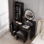 Commode avec miroir tricolore à LED, 4 portes, 6 tiroirs, en panneau de particules de lin noir, avec compartiments de tiroirs interchangeables à gauche et à droite