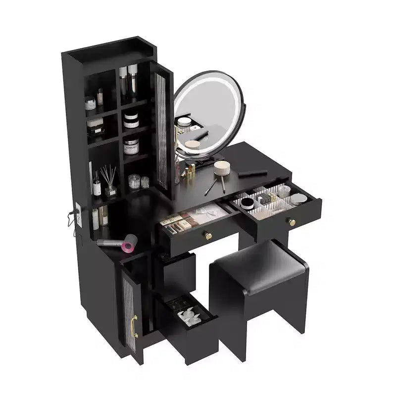 Commode avec miroir tricolore à LED, 4 portes, 6 tiroirs, en panneau de particules de lin noir, avec compartiments de tiroirs interchangeables à gauche et à droite