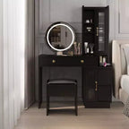 Commode avec miroir tricolore à LED, 4 portes, 6 tiroirs, en panneau de particules de lin noir, avec compartiments de tiroirs interchangeables à gauche et à droite