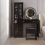 Commode avec miroir tricolore à LED, 4 portes, 6 tiroirs, en panneau de particules de lin noir, avec compartiments de tiroirs interchangeables à gauche et à droite