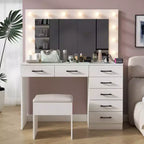 White Linen Particleboard with Tricot 7 Drawers with 12 Tri-color Dimmable Bulbs Plugs Glass Top Dressing Table Set