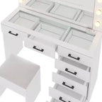 Ensemble de coiffeuse en aggloméré blanc avec revêtement en tricot, 7 tiroirs et 12 ampoules tricolores à intensité variable, prises et plateau en verre