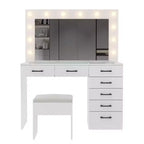 Ensemble de coiffeuse en aggloméré blanc avec revêtement en tricot, 7 tiroirs et 12 ampoules tricolores à intensité variable, prises et plateau en verre