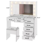 Ensemble de coiffeuse en aggloméré blanc avec revêtement en tricot, 7 tiroirs et 12 ampoules tricolores à intensité variable, prises et plateau en verre