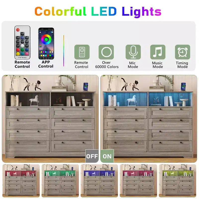 Coolmee Commode en bois pour chambre à coucher avec 8 tiroirs, commode moderne en bois avec lumières LED et prise de courant, commode de 140 cm de large, meuble TV