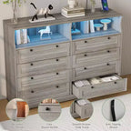 Coolmee Commode en bois pour chambre à coucher avec 8 tiroirs, commode moderne en bois avec lumières LED et prise de courant, commode de 140 cm de large, meuble TV