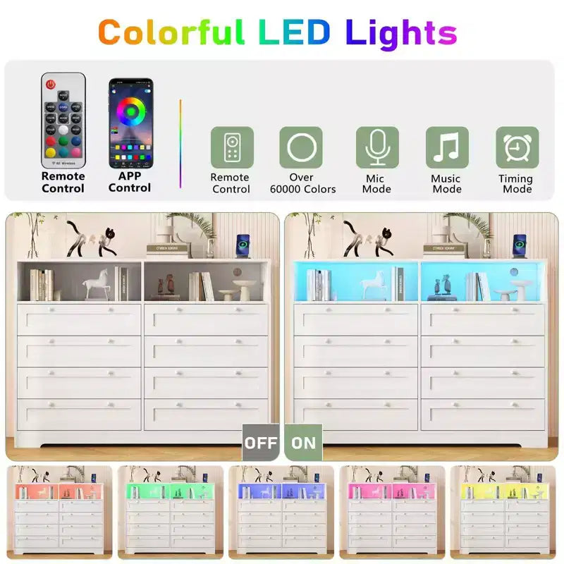 Coolmee Commode en bois pour chambre à coucher avec 8 tiroirs, commode moderne en bois avec lumières LED et prise de courant, commode de 140 cm de large, meuble TV