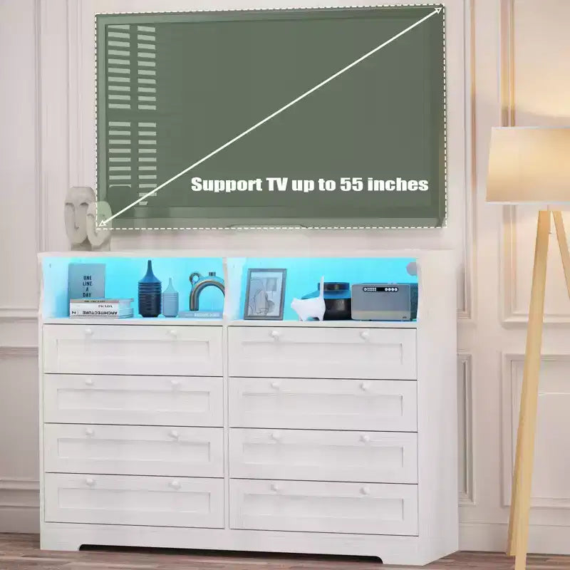 Coolmee Commode en bois pour chambre à coucher avec 8 tiroirs, commode moderne en bois avec lumières LED et prise de courant, commode de 140 cm de large, meuble TV