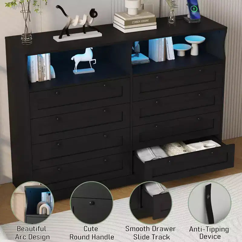 Coolmee Commode en bois pour chambre à coucher avec 8 tiroirs, commode moderne en bois avec lumières LED et prise de courant, commode de 140 cm de large, meuble TV