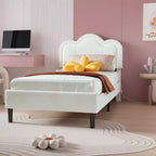 Lit plateforme COZONY pour enfants avec néons LED Tête de lit capitonnée en forme de montagne pour chambre de garçons et filles, Meubles modernes pour enfants, Blanc