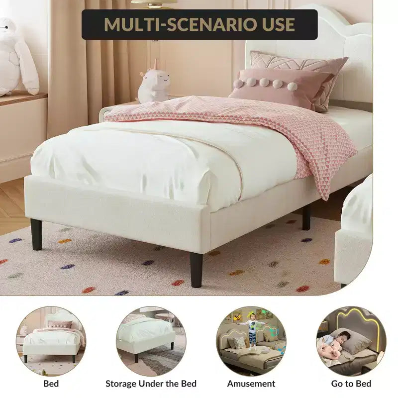 Lit plateforme COZONY pour enfants avec néons LED Tête de lit capitonnée en forme de montagne pour chambre de garçons et filles, Meubles modernes pour enfants, Blanc