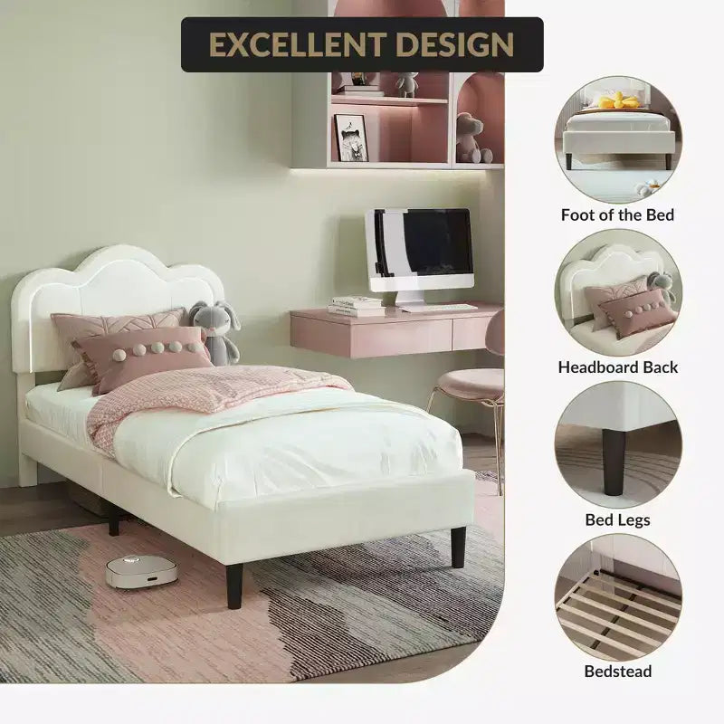 Lit plateforme COZONY pour enfants avec néons LED Tête de lit capitonnée en forme de montagne pour chambre de garçons et filles, Meubles modernes pour enfants, Blanc