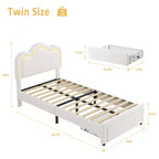 Lit plateforme COZONY pour enfants avec néons LED Tête de lit capitonnée en forme de montagne pour chambre de garçons et filles, Meubles modernes pour enfants, Blanc