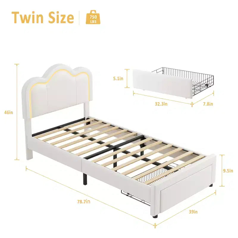 Lit plateforme COZONY pour enfants avec néons LED Tête de lit capitonnée en forme de montagne pour chambre de garçons et filles, Meubles modernes pour enfants, Blanc