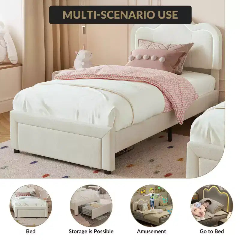 Lit plateforme COZONY pour enfants avec néons LED Tête de lit capitonnée en forme de montagne pour chambre de garçons et filles, Meubles modernes pour enfants, Blanc