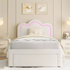 Lit plateforme COZONY pour enfants avec néons LED Tête de lit capitonnée en forme de montagne pour chambre de garçons et filles, Meubles modernes pour enfants, Blanc