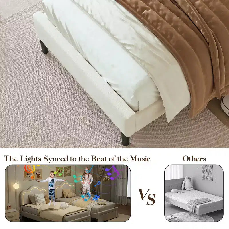 Lit plateforme COZONY pour enfants avec néons LED Tête de lit capitonnée en forme de montagne pour chambre de garçons et filles, Meubles modernes pour enfants, Blanc