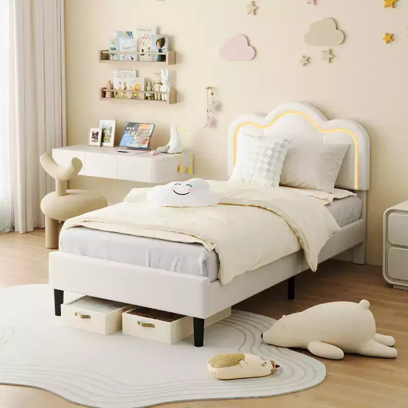 Lit plateforme COZONY pour enfants avec néons LED Tête de lit capitonnée en forme de montagne pour chambre de garçons et filles, Meubles modernes pour enfants, Blanc