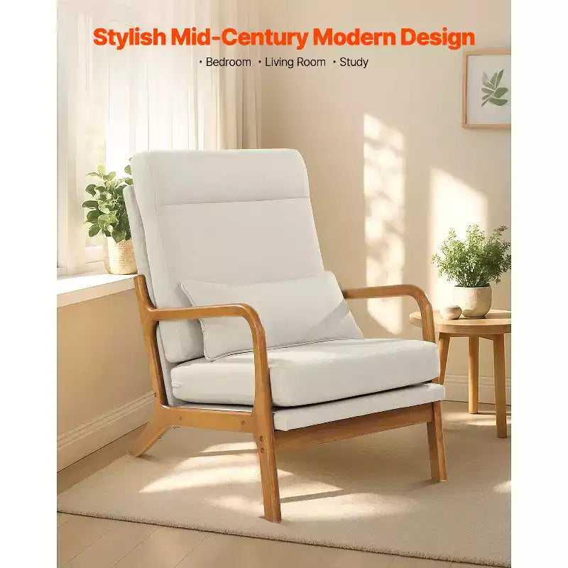 Fauteuil d'appoint VEVOR, fauteuil à dossier haut style scandinave avec cadre en bois massif et pieds antidérapants, fauteuil de loisirs rembourré, beige