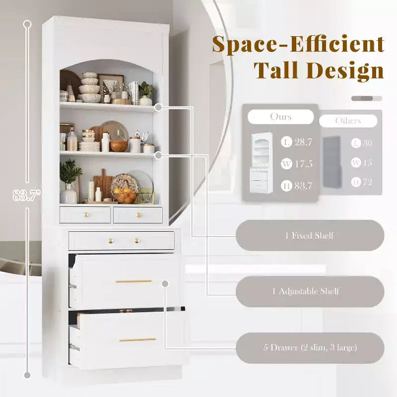 Meuble de Rangement de Cuisine Autoportant avec Tiroirs et Étagères, Grande Armoire de Cuisine avec Plateau Effet Marbre