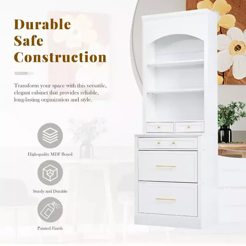Meuble de Rangement de Cuisine Autoportant avec Tiroirs et Étagères, Grande Armoire de Cuisine avec Plateau Effet Marbre
