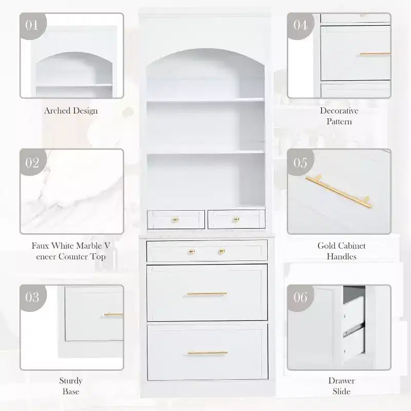 Meuble de Rangement de Cuisine Autoportant avec Tiroirs et Étagères, Grande Armoire de Cuisine avec Plateau Effet Marbre