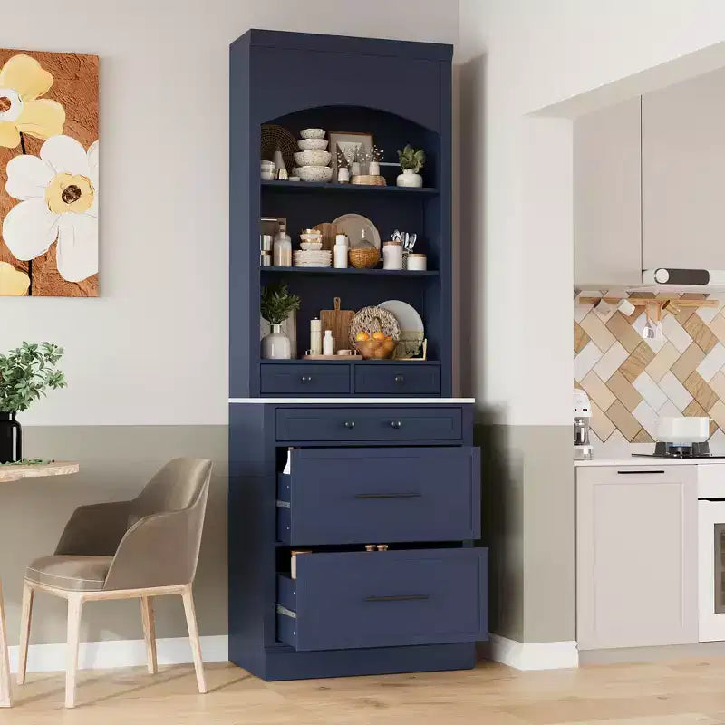 Freestanding Kitchen Pantry Storage Cabinet with Drawers and Shelves, Tall Kitchen Hutch with Faux Marble Top
